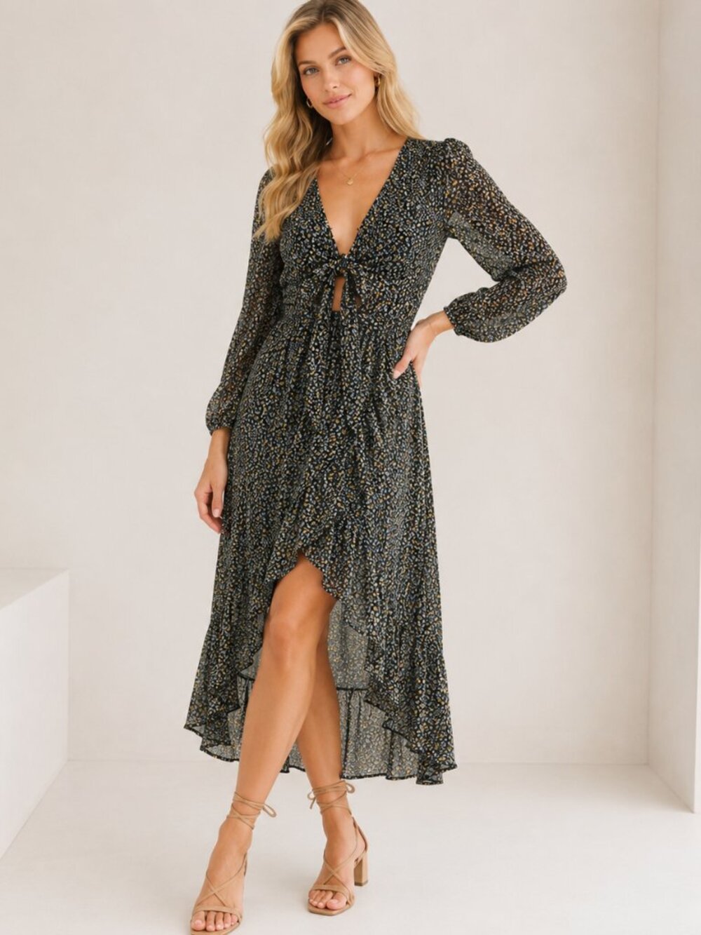 Abercrombie & Fitch Floral High Low Wrap Midi Dress  Black Yellow Tie Front XS